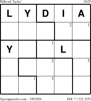 The grouppuzzles.com Difficult Lydia puzzle for Sunday March 8, 2026 with the first 3 steps marked