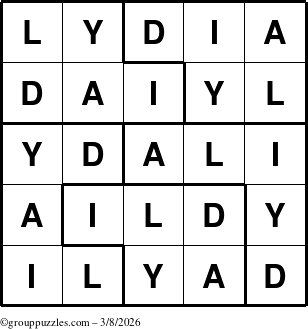 The grouppuzzles.com Answer grid for the Lydia puzzle for Sunday March 8, 2026