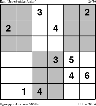 The grouppuzzles.com Easy SuperSudoku-Junior puzzle for Sunday March 8, 2026