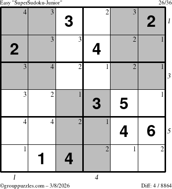 The grouppuzzles.com Easy SuperSudoku-Junior puzzle for Sunday March 8, 2026 with all 4 steps marked
