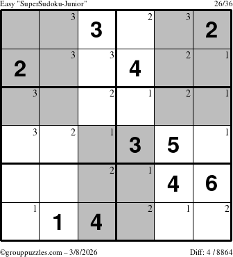 The grouppuzzles.com Easy SuperSudoku-Junior puzzle for Sunday March 8, 2026 with the first 3 steps marked
