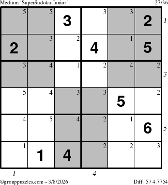 The grouppuzzles.com Medium SuperSudoku-Junior puzzle for Sunday March 8, 2026, suitable for printing, with all 5 steps marked