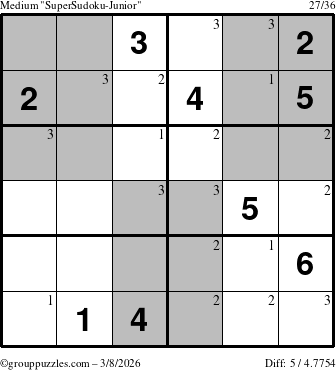 The grouppuzzles.com Medium SuperSudoku-Junior puzzle for Sunday March 8, 2026 with the first 3 steps marked