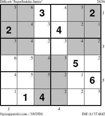 The grouppuzzles.com Difficult SuperSudoku-Junior puzzle for Sunday March 8, 2026 with all 6 steps marked