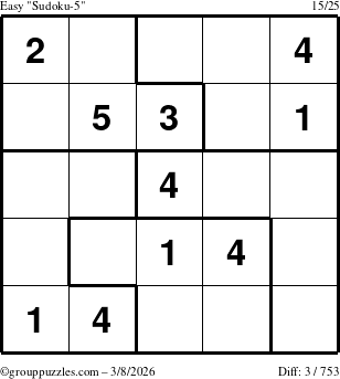The grouppuzzles.com Easy Sudoku-5 puzzle for Sunday March 8, 2026