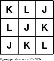 The grouppuzzles.com Answer grid for the TicTac-JKL puzzle for Sunday March 8, 2026