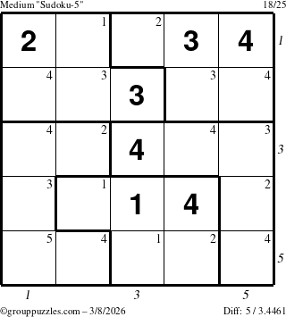 The grouppuzzles.com Medium Sudoku-5 puzzle for Sunday March 8, 2026 with all 5 steps marked