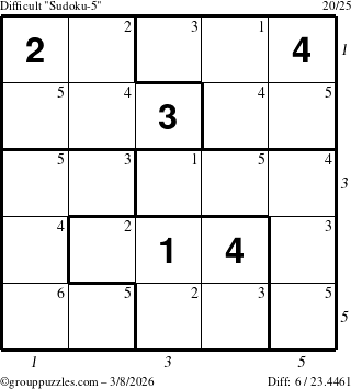 The grouppuzzles.com Difficult Sudoku-5 puzzle for Sunday March 8, 2026 with all 6 steps marked