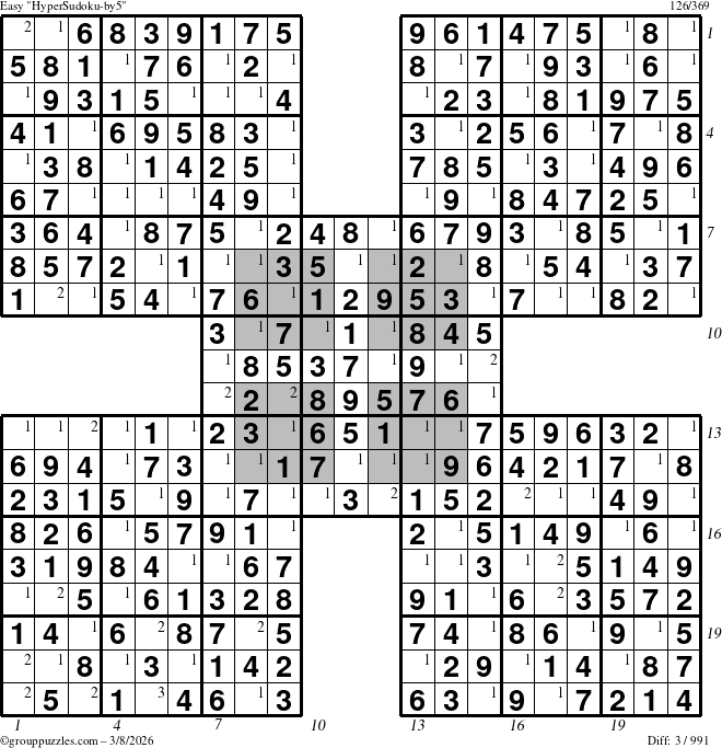 The grouppuzzles.com Easy HyperSudoku-by5 puzzle for Sunday March 8, 2026, suitable for printing, with all 3 steps marked