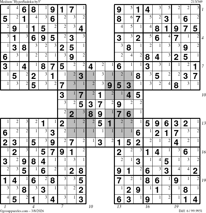 The grouppuzzles.com Medium HyperSudoku-by5 puzzle for Sunday March 8, 2026, suitable for printing, with all 6 steps marked