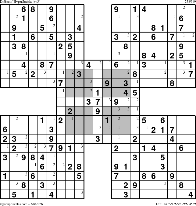 The grouppuzzles.com Difficult HyperSudoku-by5 puzzle for Sunday March 8, 2026 with the first 3 steps marked