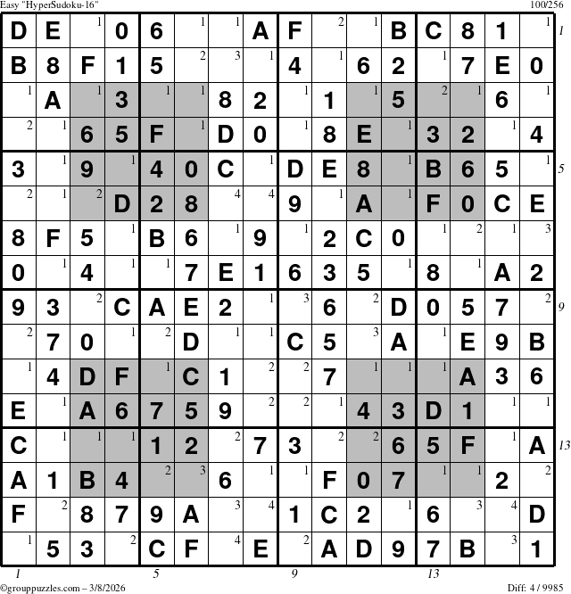 The grouppuzzles.com Easy HyperSudoku-16 puzzle for Sunday March 8, 2026, suitable for printing, with all 4 steps marked
