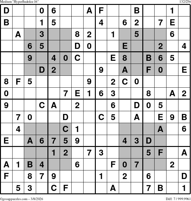 The grouppuzzles.com Medium HyperSudoku-16 puzzle for Sunday March 8, 2026