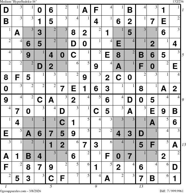 The grouppuzzles.com Medium HyperSudoku-16 puzzle for Sunday March 8, 2026 with all 7 steps marked