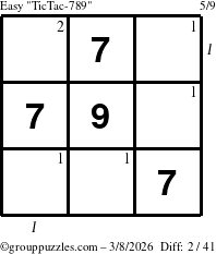 The grouppuzzles.com Easy TicTac-789 puzzle for Sunday March 8, 2026, suitable for printing, with all 2 steps marked