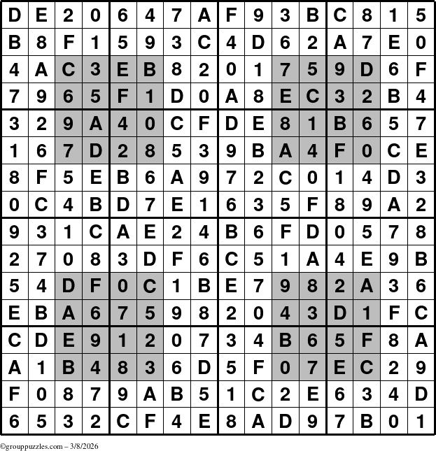 The grouppuzzles.com Answer grid for the HyperSudoku-16 puzzle for Sunday March 8, 2026