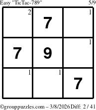 The grouppuzzles.com Easy TicTac-789 puzzle for Sunday March 8, 2026 with the first 2 steps marked