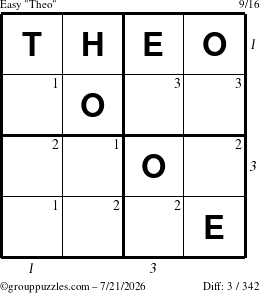 The grouppuzzles.com Easy Theo puzzle for Tuesday July 21, 2026, suitable for printing, with all 3 steps marked