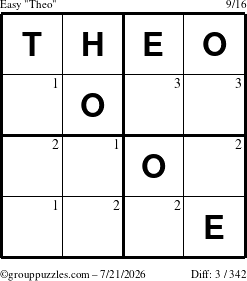 The grouppuzzles.com Easy Theo puzzle for Tuesday July 21, 2026 with the first 3 steps marked