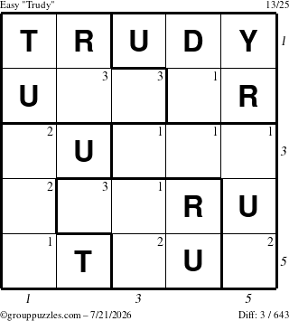 The grouppuzzles.com Easy Trudy puzzle for Tuesday July 21, 2026 with all 3 steps marked