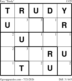 The grouppuzzles.com Easy Trudy puzzle for Tuesday July 21, 2026 with the first 3 steps marked
