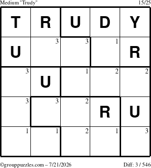 The grouppuzzles.com Medium Trudy puzzle for Tuesday July 21, 2026 with the first 3 steps marked