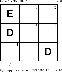 The grouppuzzles.com Easy TicTac-DEF puzzle for Tuesday July 21, 2026, suitable for printing, with all 2 steps marked