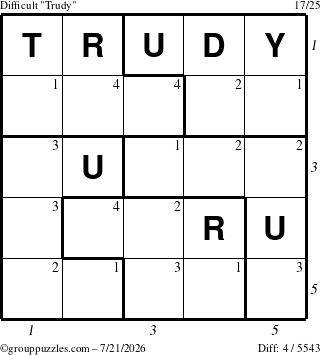 The grouppuzzles.com Difficult Trudy puzzle for Tuesday July 21, 2026, suitable for printing, with all 4 steps marked