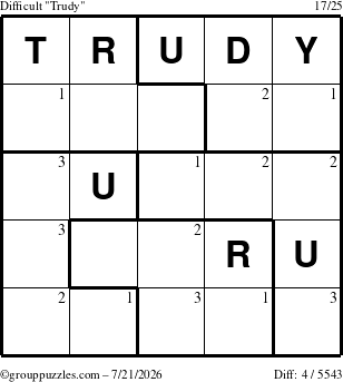 The grouppuzzles.com Difficult Trudy puzzle for Tuesday July 21, 2026 with the first 3 steps marked