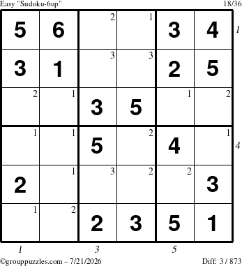 The grouppuzzles.com Easy Sudoku-6up puzzle for Tuesday July 21, 2026, suitable for printing, with all 3 steps marked