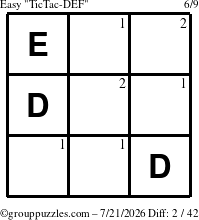 The grouppuzzles.com Easy TicTac-DEF puzzle for Tuesday July 21, 2026 with the first 2 steps marked