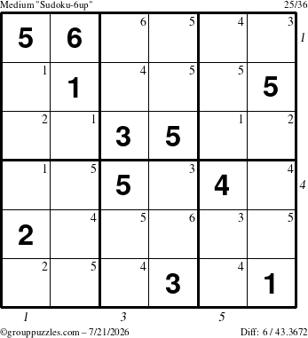 The grouppuzzles.com Medium Sudoku-6up puzzle for Tuesday July 21, 2026, suitable for printing, with all 6 steps marked