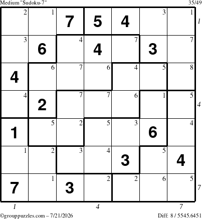 The grouppuzzles.com Medium Sudoku-7 puzzle for Tuesday July 21, 2026, suitable for printing, with all 8 steps marked
