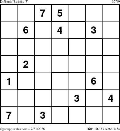 The grouppuzzles.com Difficult Sudoku-7 puzzle for Tuesday July 21, 2026