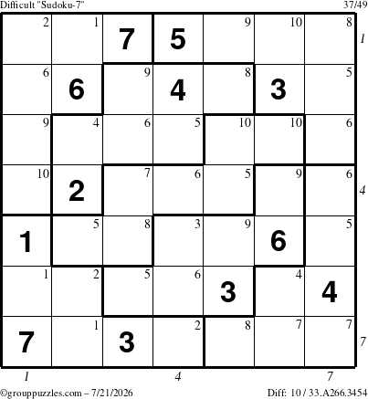 The grouppuzzles.com Difficult Sudoku-7 puzzle for Tuesday July 21, 2026 with all 10 steps marked