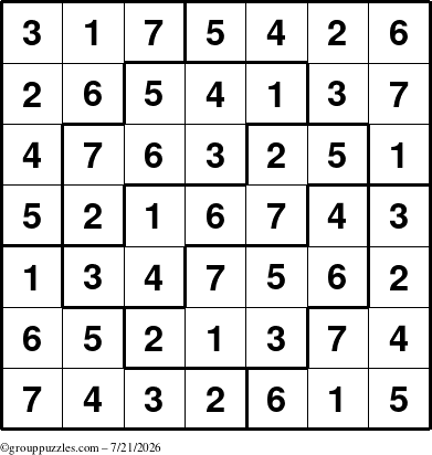 The grouppuzzles.com Answer grid for the Sudoku-7 puzzle for Tuesday July 21, 2026