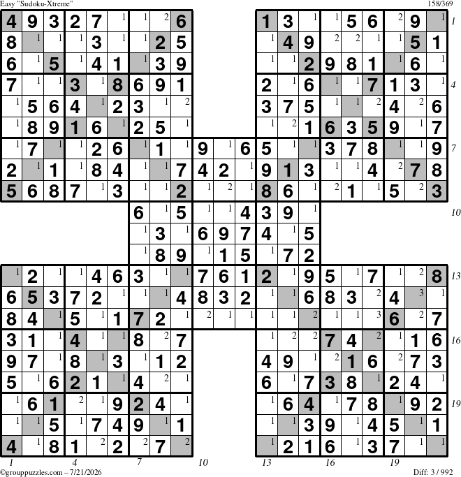 The grouppuzzles.com Easy Sudoku-Xtreme puzzle for Tuesday July 21, 2026, suitable for printing, with all 3 steps marked
