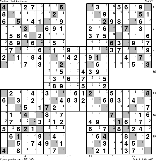The grouppuzzles.com Medium Sudoku-Xtreme puzzle for Tuesday July 21, 2026 with all 8 steps marked