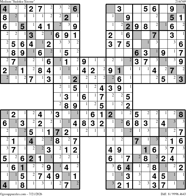 The grouppuzzles.com Medium Sudoku-Xtreme puzzle for Tuesday July 21, 2026 with the first 3 steps marked