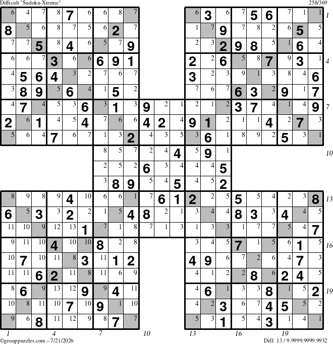 The grouppuzzles.com Difficult Sudoku-Xtreme puzzle for Tuesday July 21, 2026, suitable for printing, with all 13 steps marked