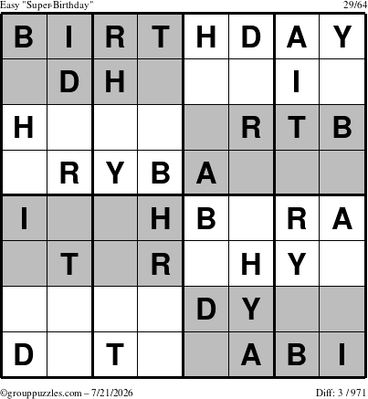 The grouppuzzles.com Easy Super-Birthday puzzle for Tuesday July 21, 2026