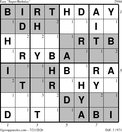 The grouppuzzles.com Easy Super-Birthday puzzle for Tuesday July 21, 2026, suitable for printing, with all 3 steps marked
