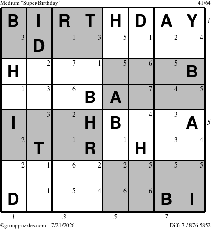 The grouppuzzles.com Medium Super-Birthday puzzle for Tuesday July 21, 2026 with all 7 steps marked