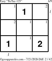 The grouppuzzles.com Easy TicTac-123 puzzle for Tuesday July 21, 2026, suitable for printing, with all 2 steps marked