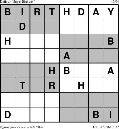 The grouppuzzles.com Difficult Super-Birthday puzzle for Tuesday July 21, 2026