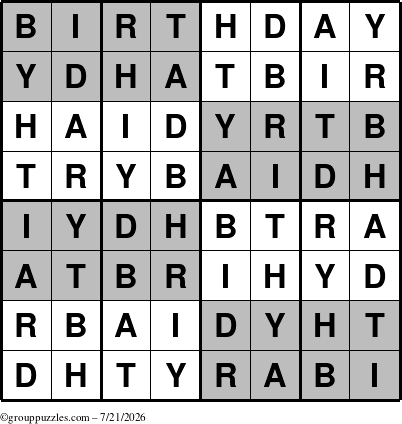 The grouppuzzles.com Answer grid for the Super-Birthday puzzle for Tuesday July 21, 2026