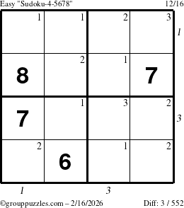 The grouppuzzles.com Easy Sudoku-4-5678 puzzle for Monday February 16, 2026, suitable for printing, with all 3 steps marked