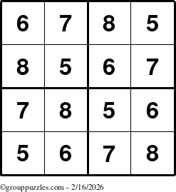The grouppuzzles.com Answer grid for the Sudoku-4-5678 puzzle for Monday February 16, 2026