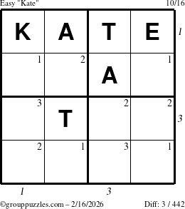 The grouppuzzles.com Easy Kate puzzle for Monday February 16, 2026 with all 3 steps marked