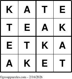 The grouppuzzles.com Answer grid for the Kate puzzle for Monday February 16, 2026